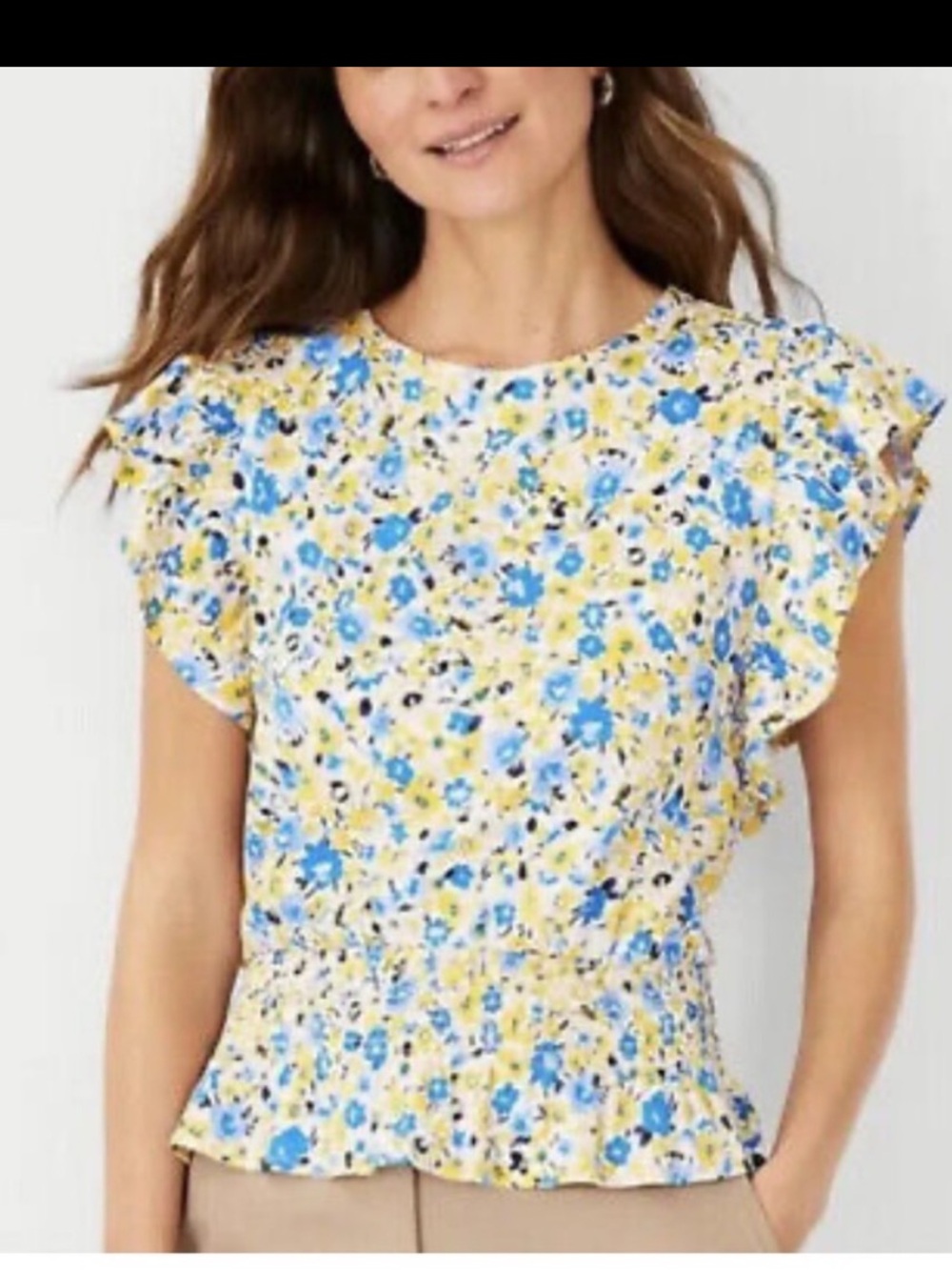 Ann Taylor Floral Ruffle Sleeve Top - Blue and Yellow
